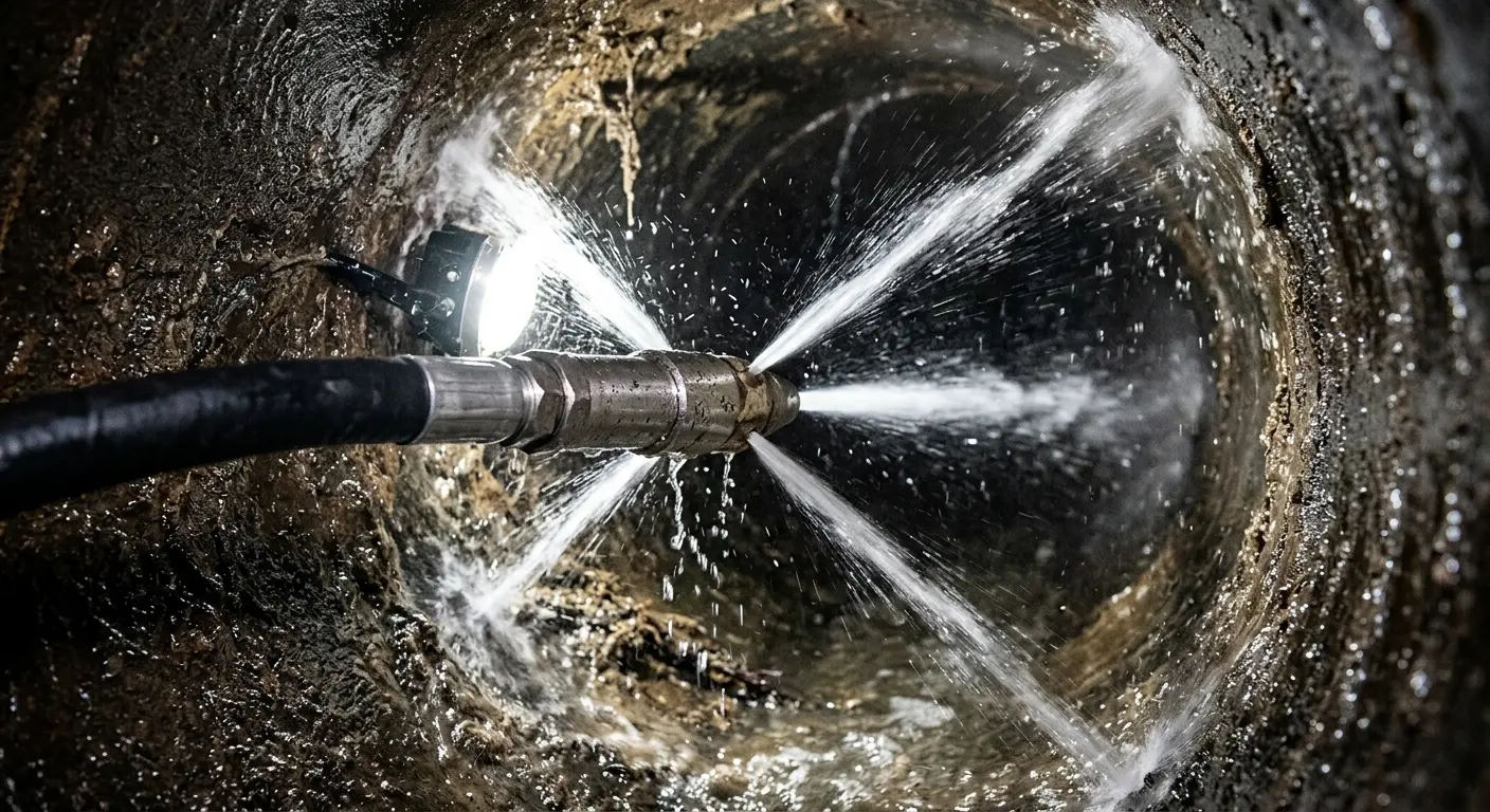 High-pressure hydro jetting nozzle cleaning sewer pipe for Trenchless Sewer Repair in Salida