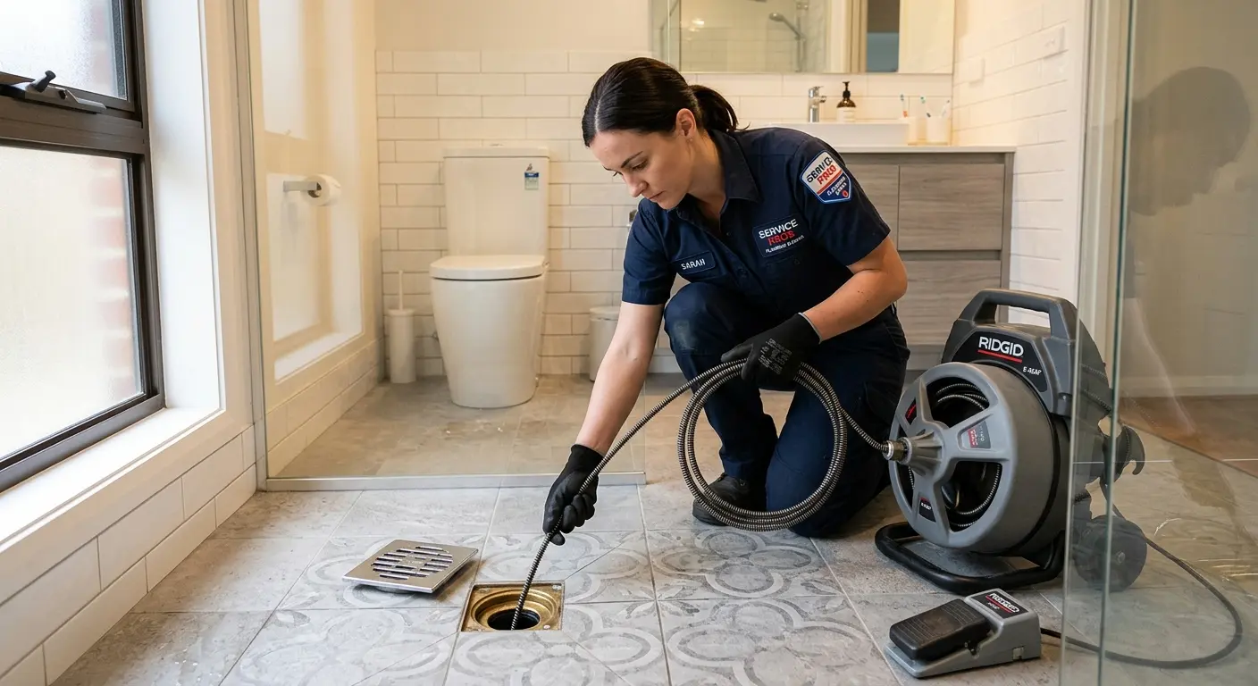 Technician clearing a bathroom floor drain for Sewer Line Replacement in Salida
